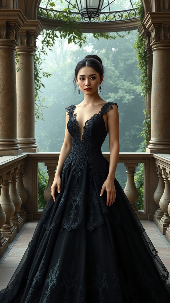 A Young Woman in a Black Princess Gown Stands in a Grand Bal...