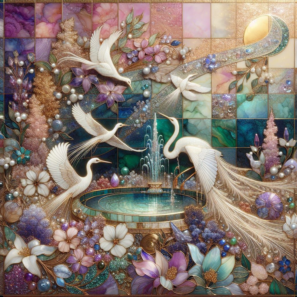 Ethereal Cloisonné Fantasy with Birds and Shimmering Fountai...