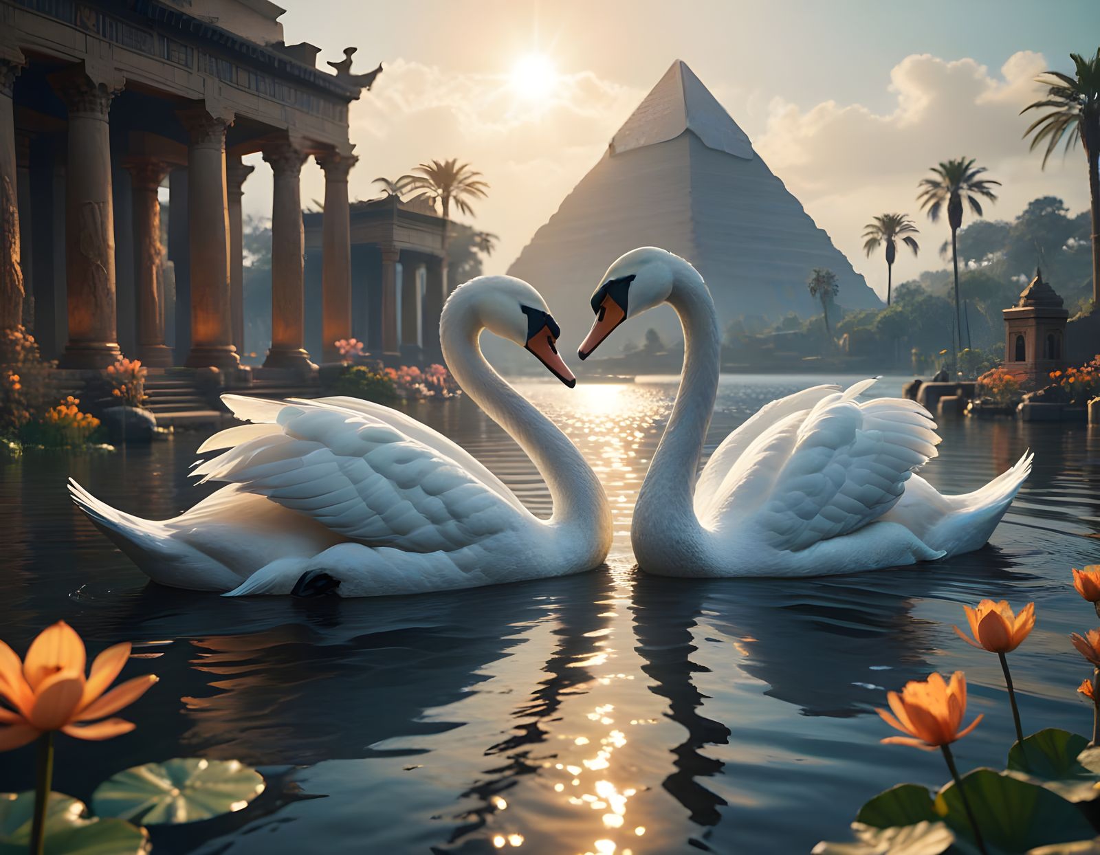 Egyptian Fantasy Swans in Golden Light