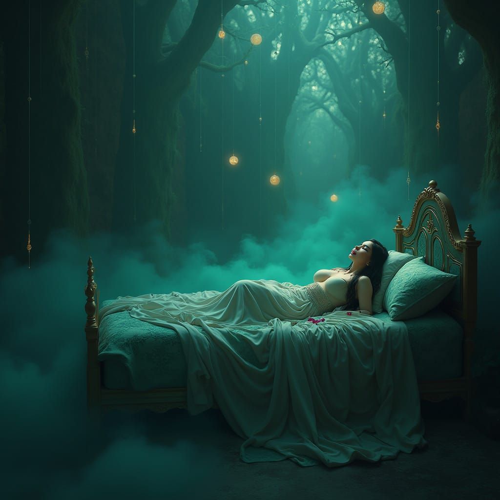 Mystical Realms: Velvet Goddess Amidst Glowing Orbs