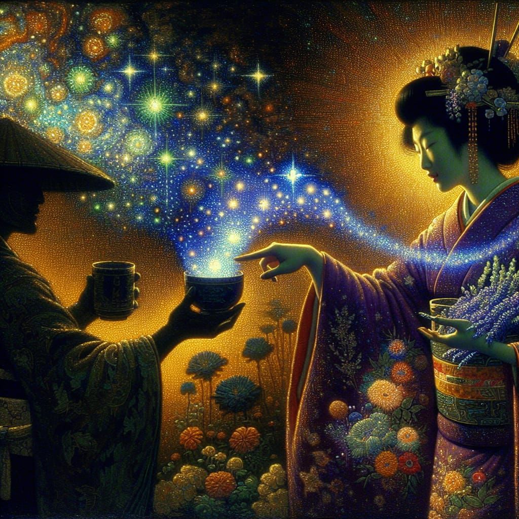 Samurai Offering Lavender Tea in Cosmic Oil Painting