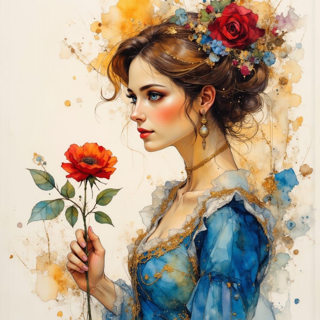 Belle with Rose: Pen, Ink, and Alcohol Inks