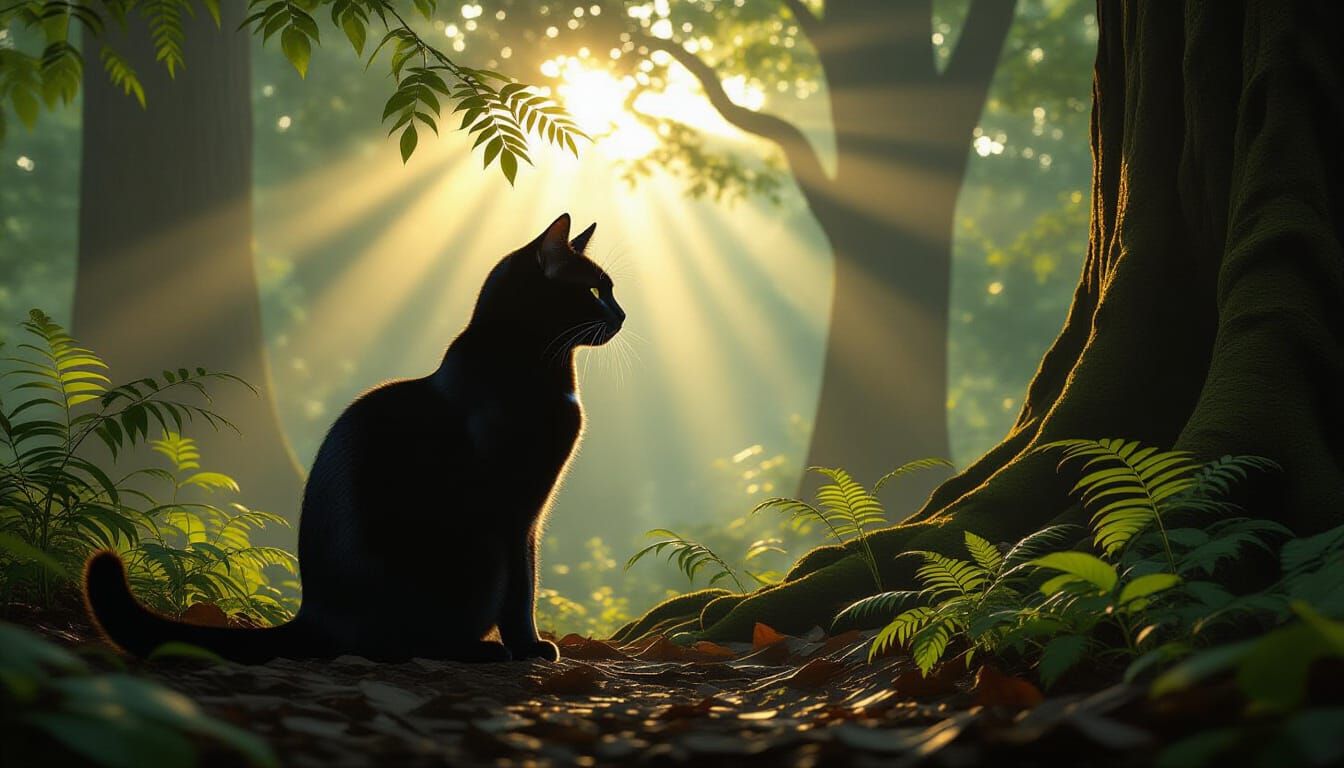 Black Cat Silhouette in Hyper Realistic Forest