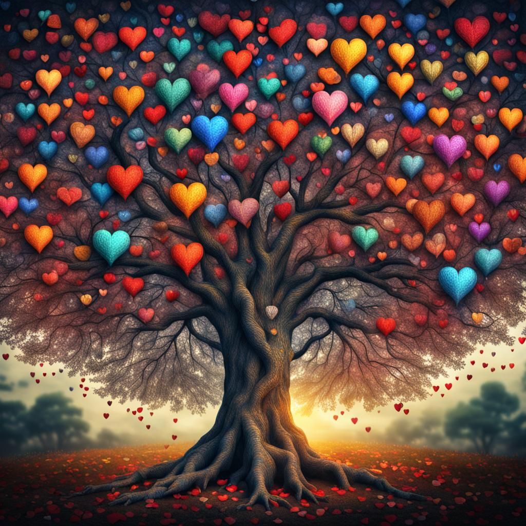 Colorful Tree of Hearts in Hyperrealistic Style