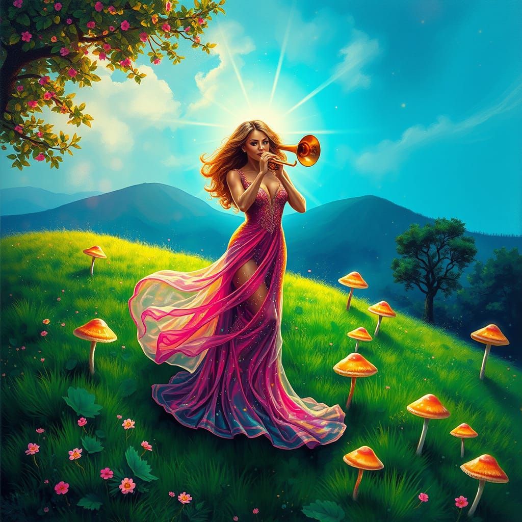 Mariah Carey Plays Radiant Trombone Amidst Magical Mushrooms