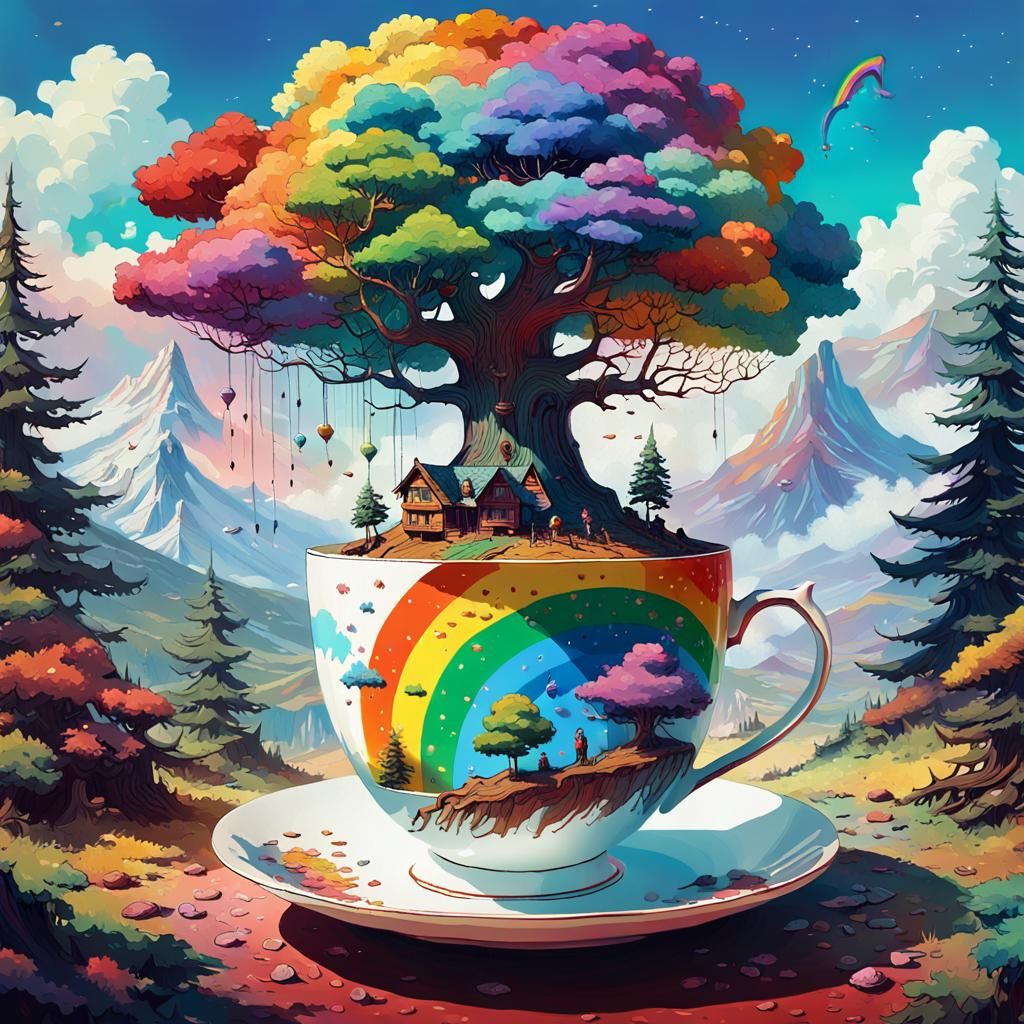 Rainbow Tree in Teacup: Hyperdetailed Digital Collage