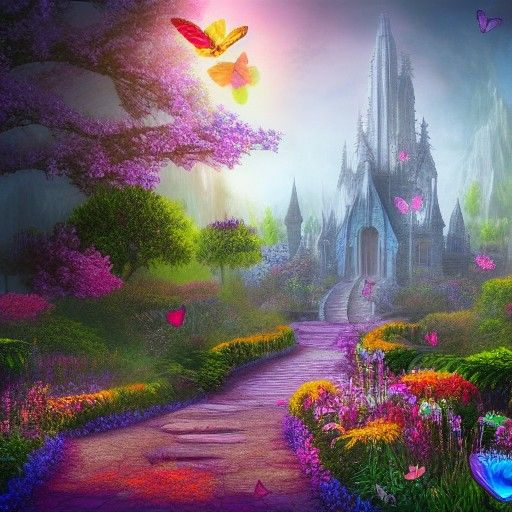 Fantastical Crystal Castle Pathway in Detailed Matte Paintin...