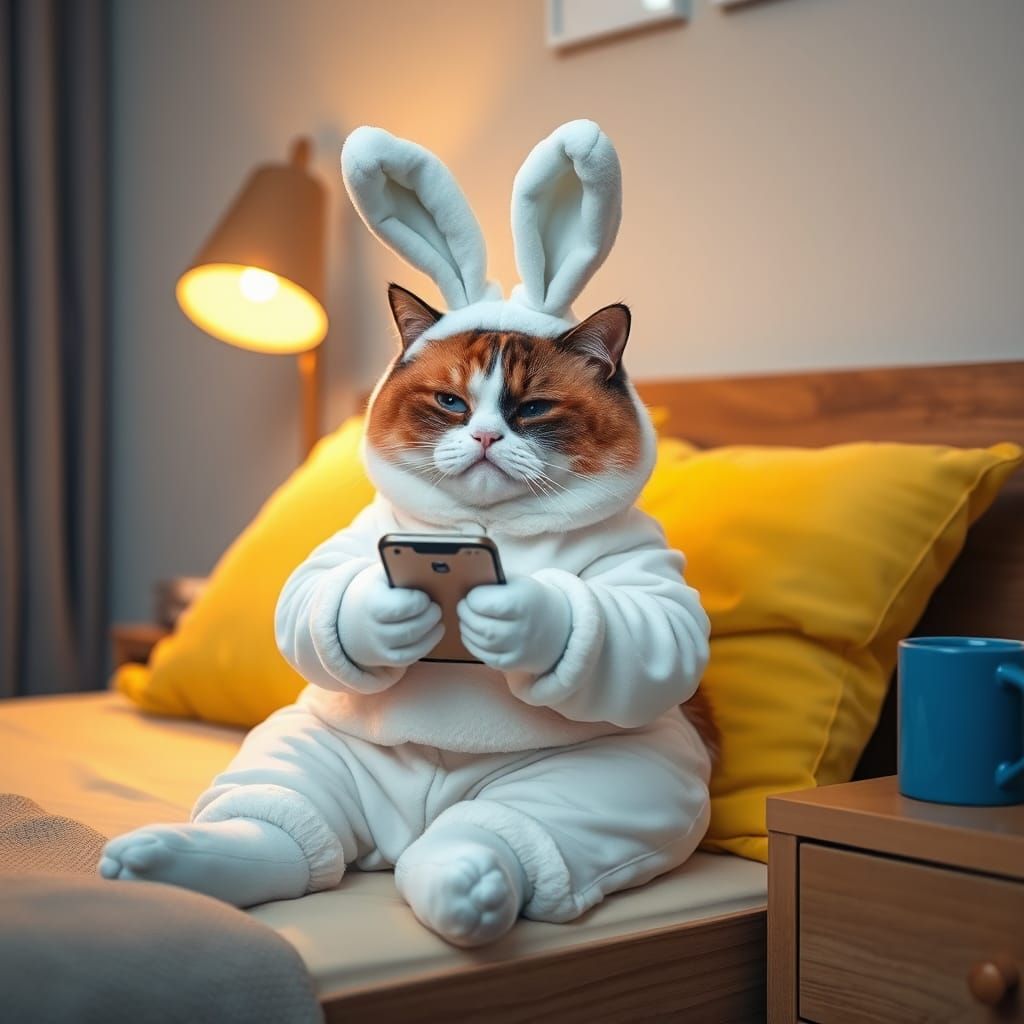 Calico Cat in Pajamas Using Phone