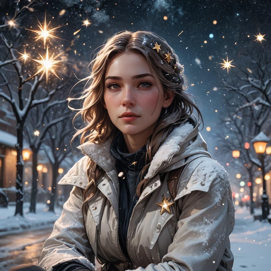 Girl in Snow with Stars, Hyperdetailed Portrait