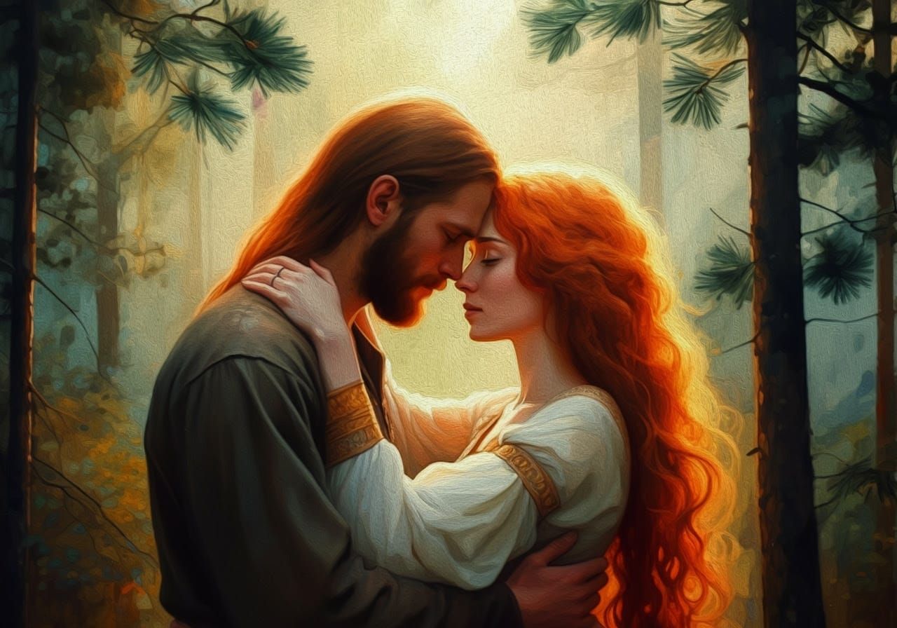 Lovers Embrace in Forest: Impressionist Watercolor Painting