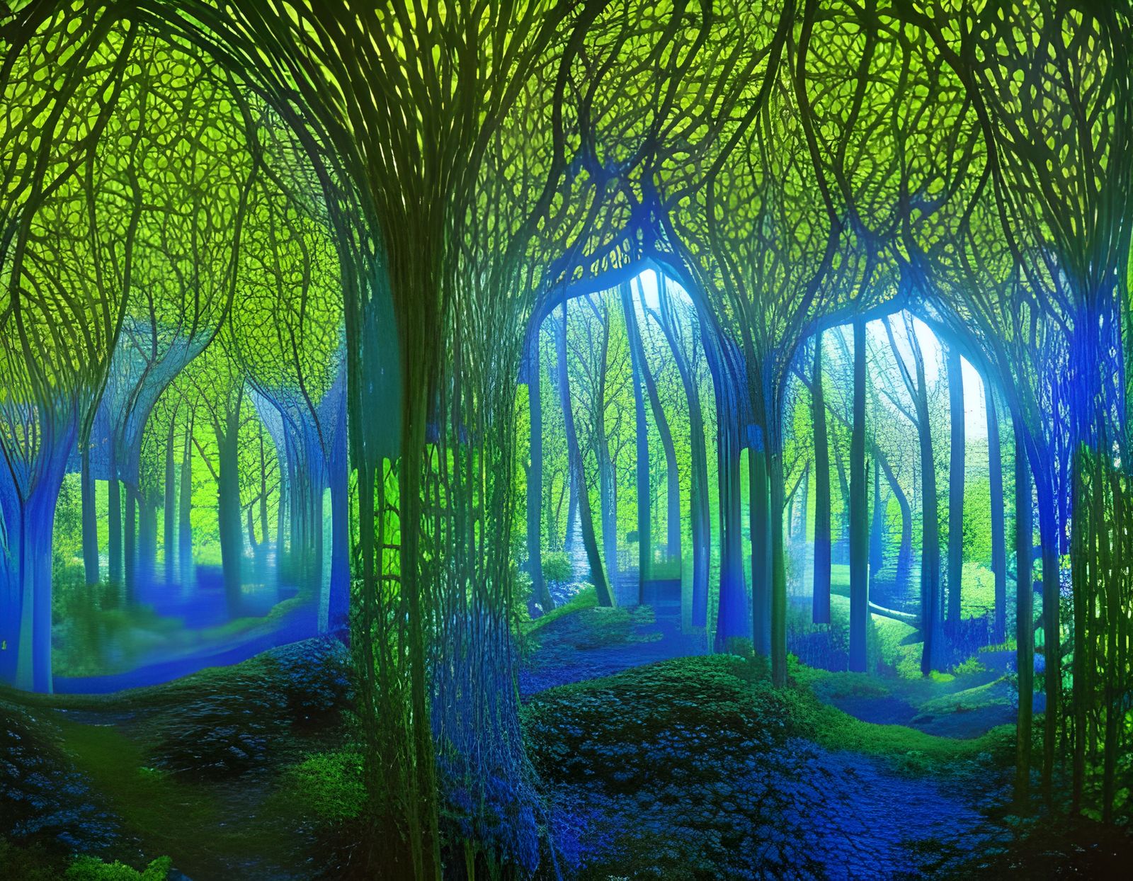Enchanting Blue Vine Forest at Sunset in Mosaic Style