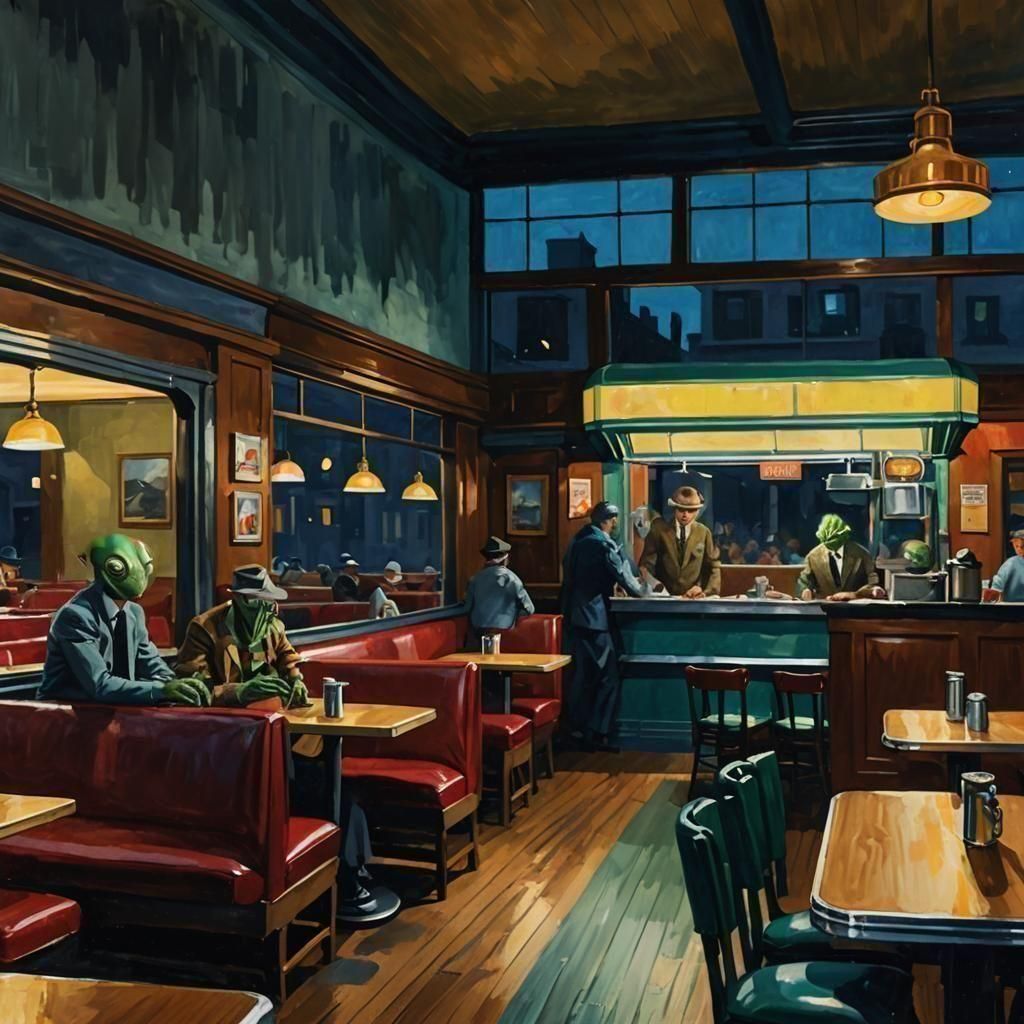 Night Diner with Alien Patrons: Gouache Watercolor Style