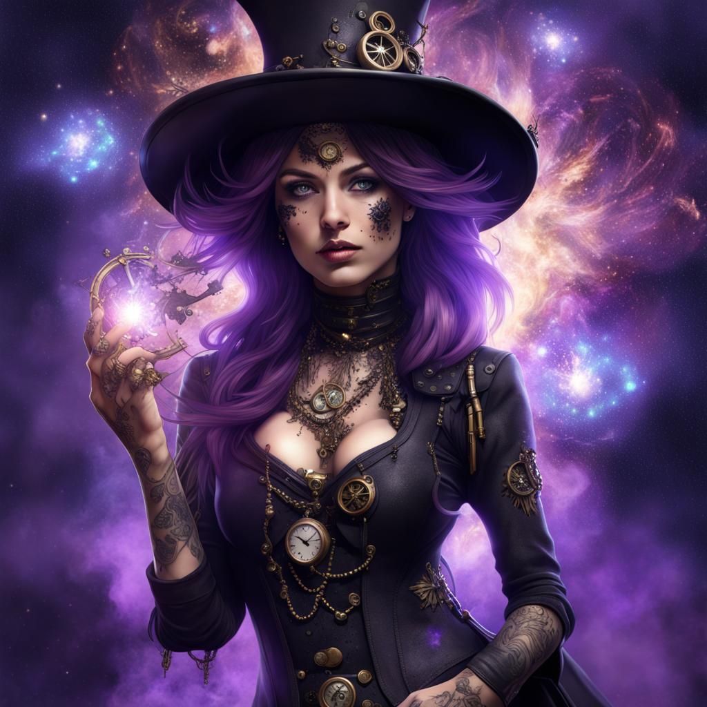 Steampunk Witch Portrait with Exploding Star Background