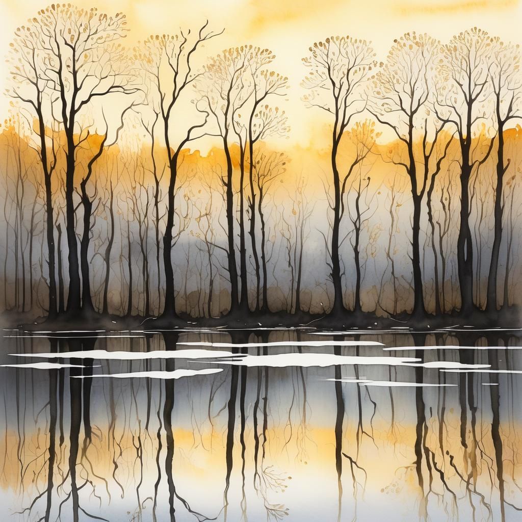 Serene Bare Trees Reflected: Ink Wash Painting