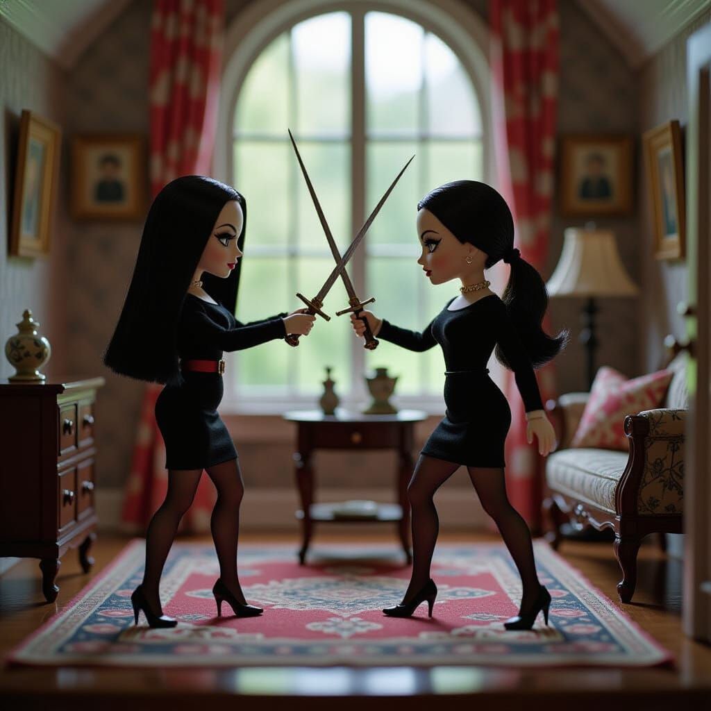 Morticia and Wednesday Addams Miniature Fencing Scene