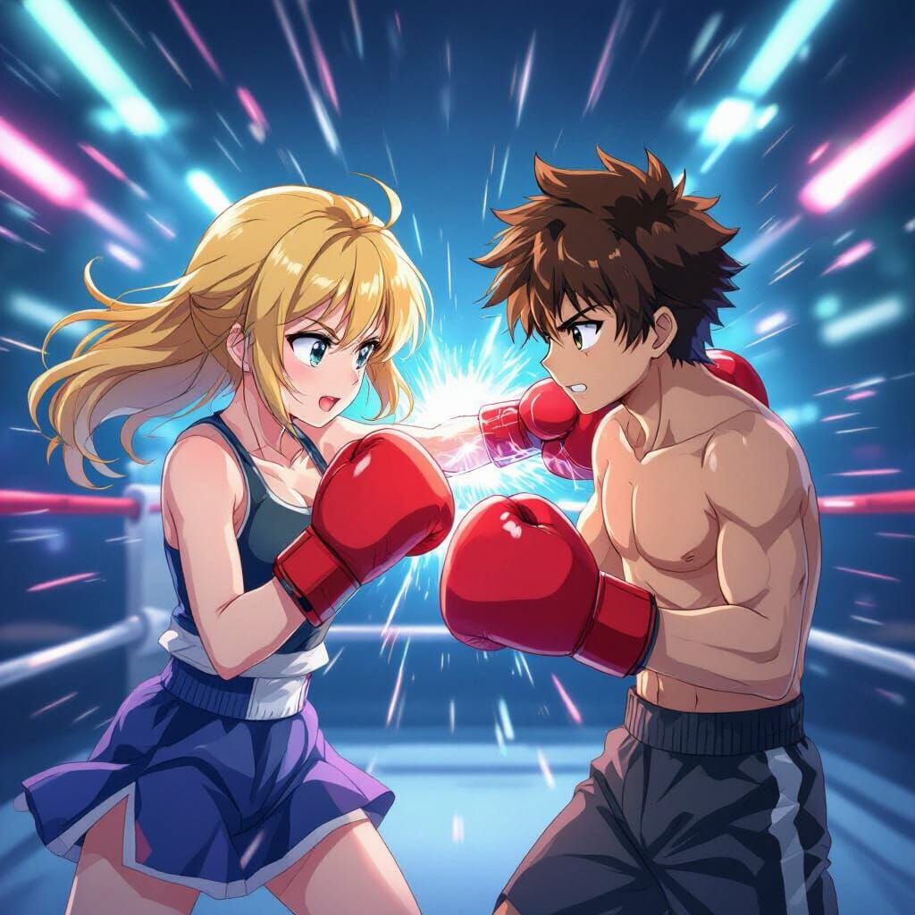 Anime Boxing Match: Blonde Girl vs. Brown-Haired Boy
