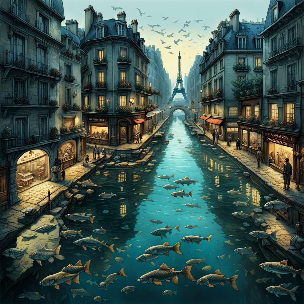 Sunken Paris in Norman Rockwell Style