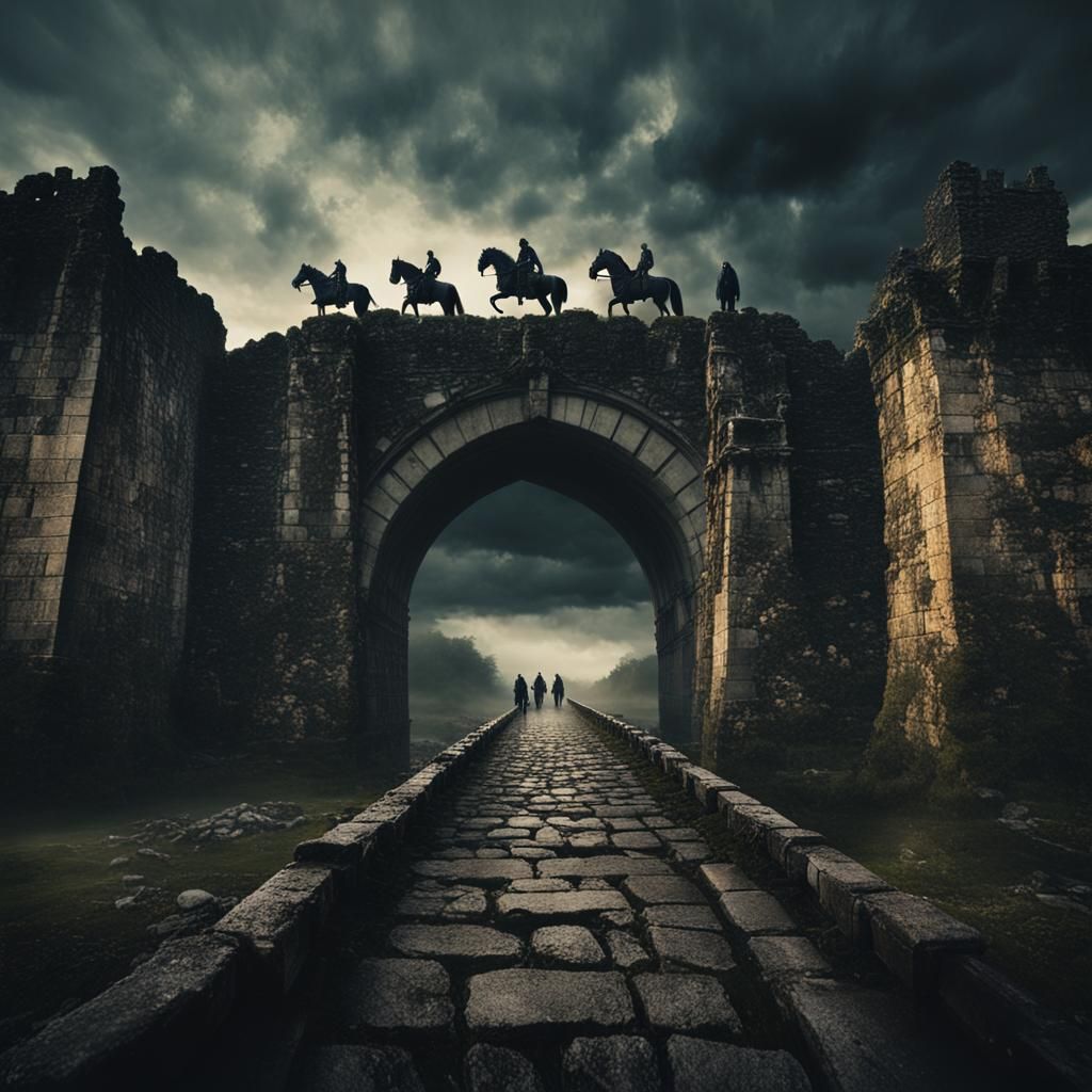 Apocalyptic Horsemen on Stone Bridge: Cinematic 8k