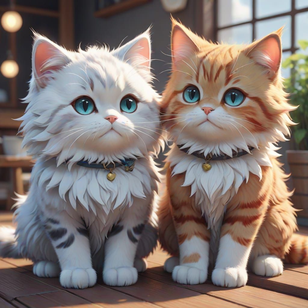 Cute Fluffy Cat Couple in 3D Anime Art