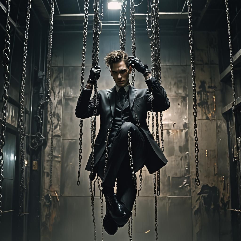 Cyberpunk Man Suspended in Metallic Room