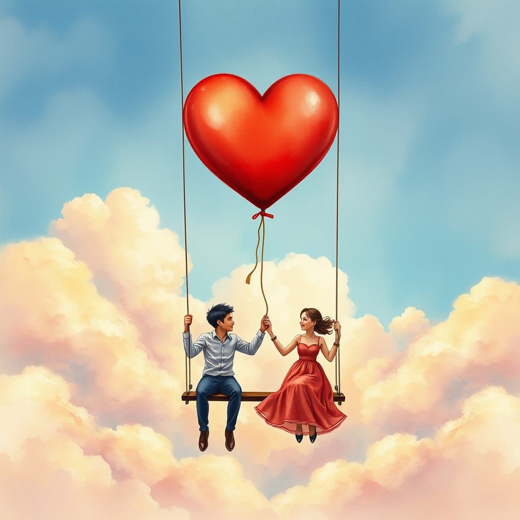 Vintage Cartoon Couple Soars on Heart-Shaped Swing