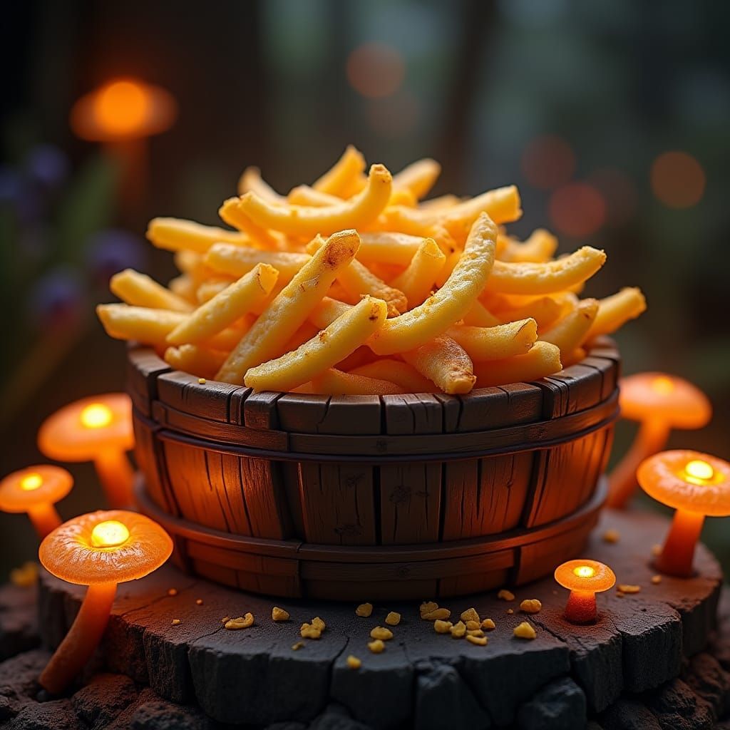 Mystical Cheese Fries on Glowing Pedestal
