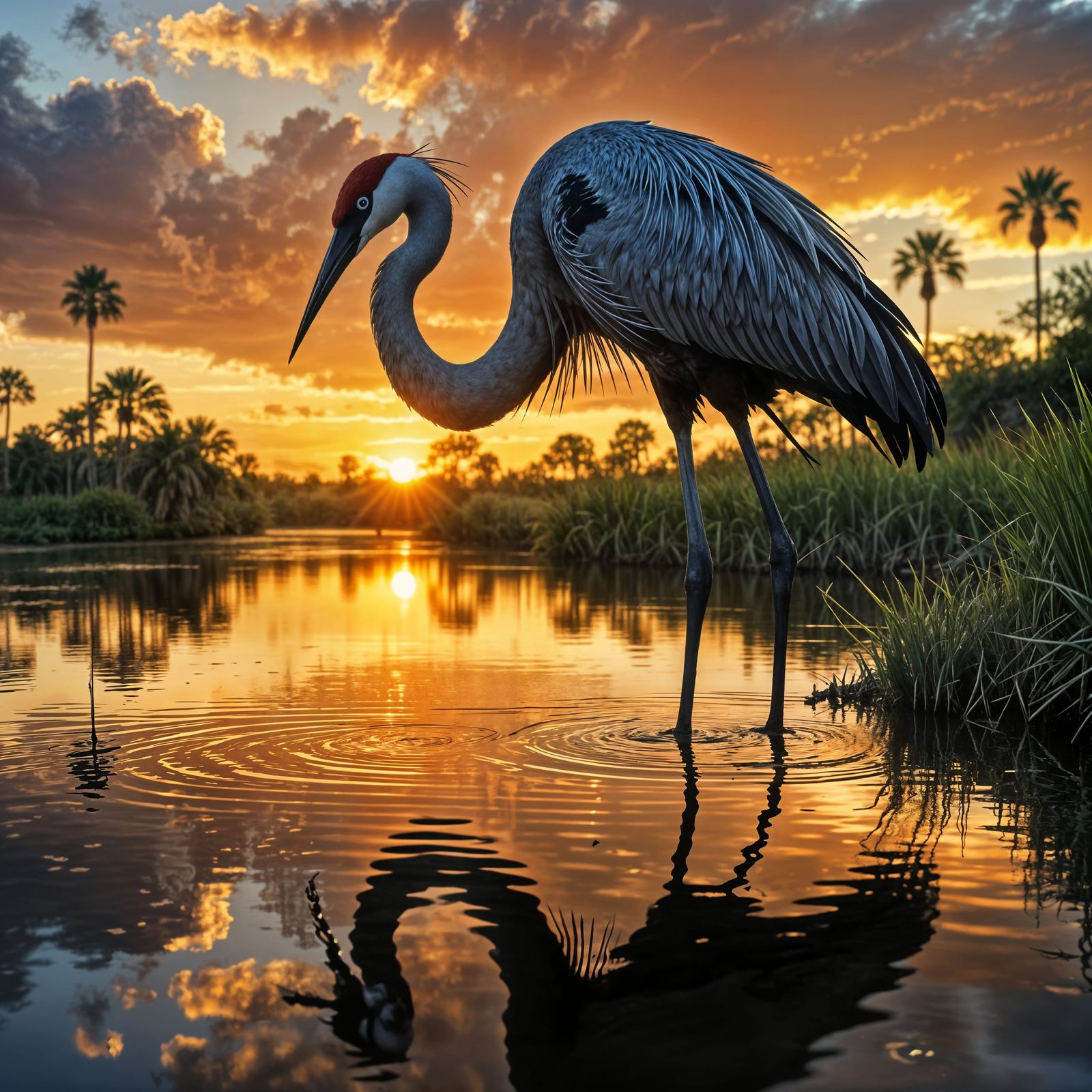 Florida Crane Feeding at Sunset Over Calm Water