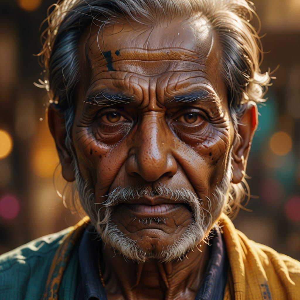 Detailed Close-Up of Old Indian Man in Hyperrealism