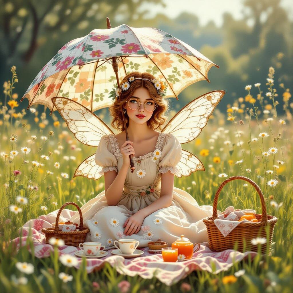 A vintage countryside fairy enjoying her picnic