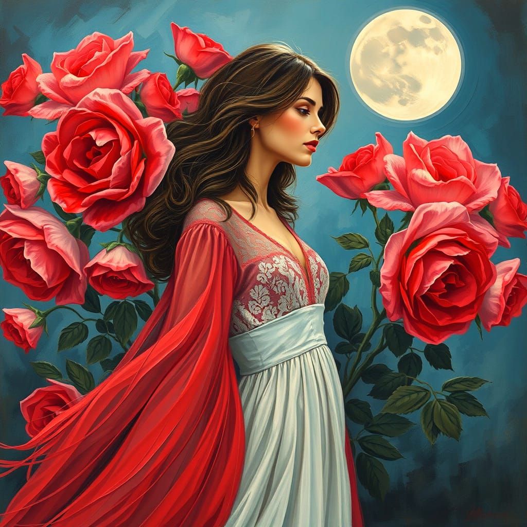 Woman and Roses Under Moon in Expressionist Style