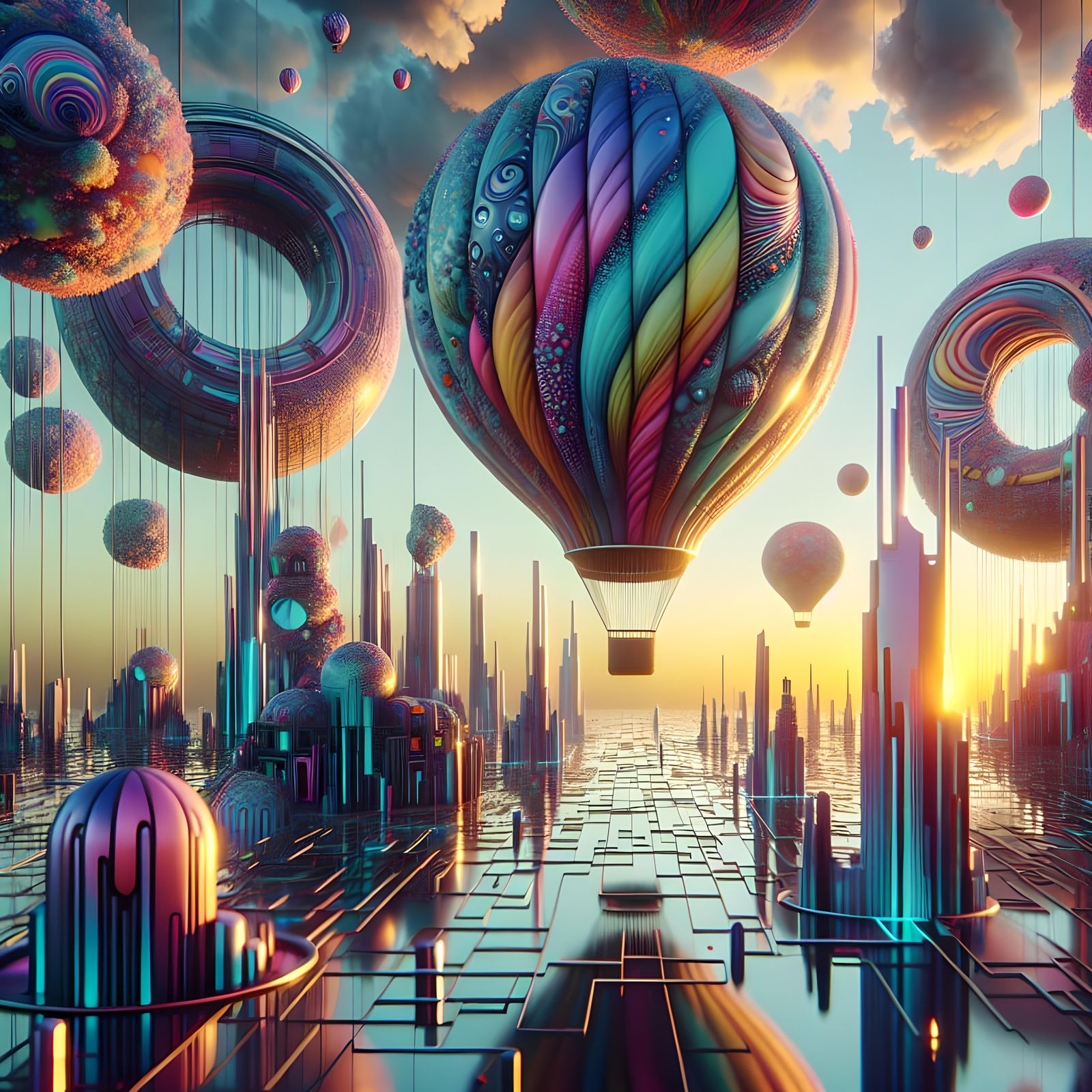 Surreal Hot Air Balloons in Neon-Punk Landscape