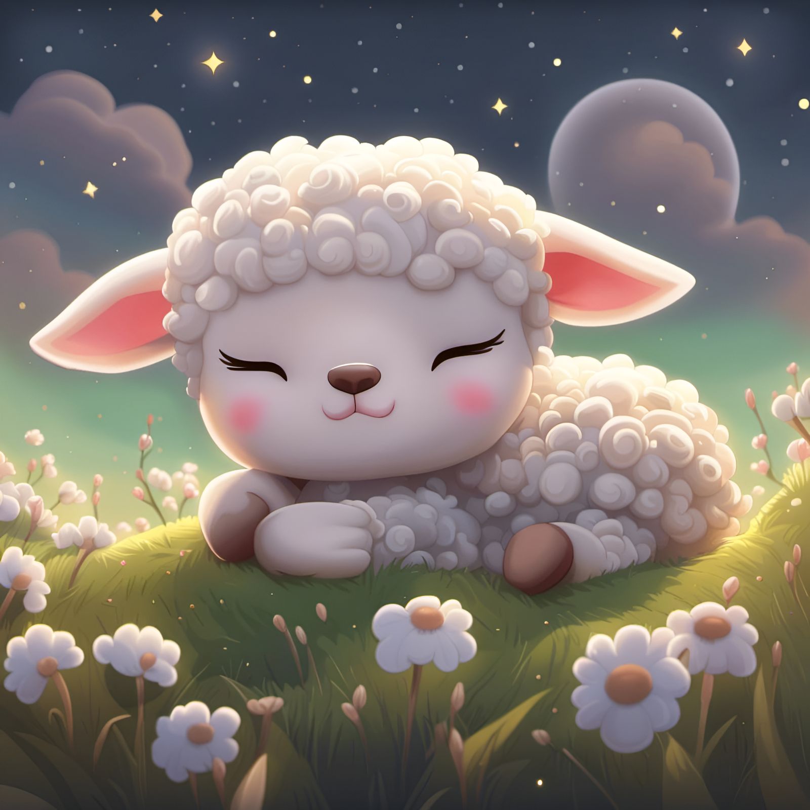 Adorable Chibi Lamb Sleeping in Moonlit Field