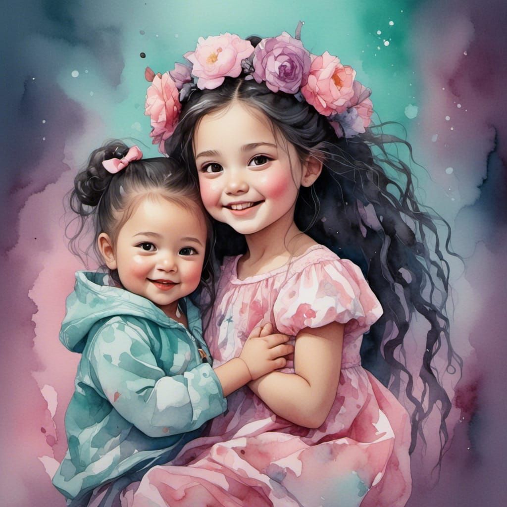 Baby Girl with Doll in Watercolor Painting Style