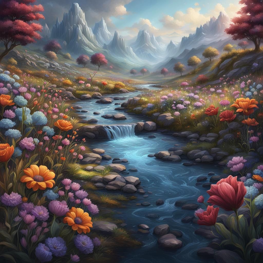 Floral Mountain Stream in Chalk Art Style