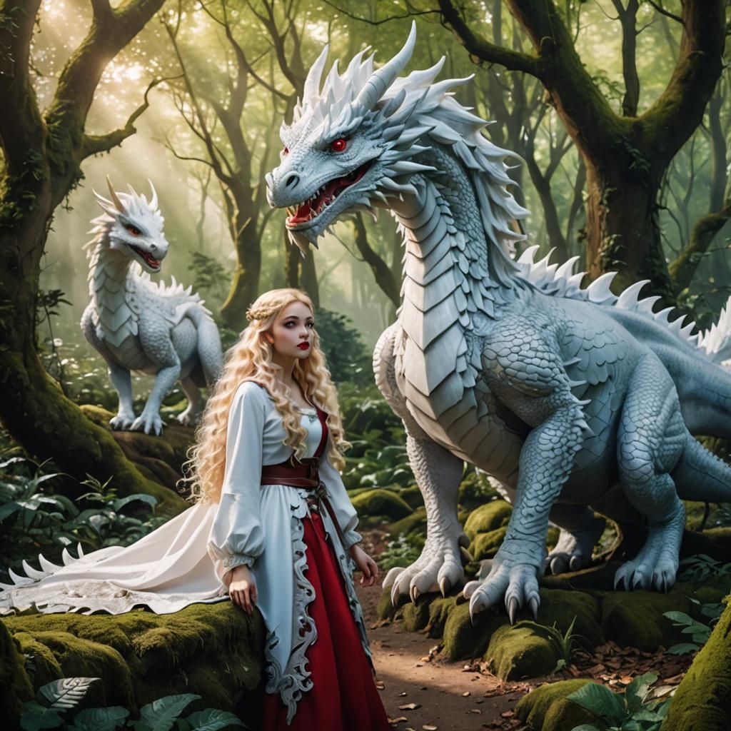 Girl with Dragon Friend in Fairy Tale Forest