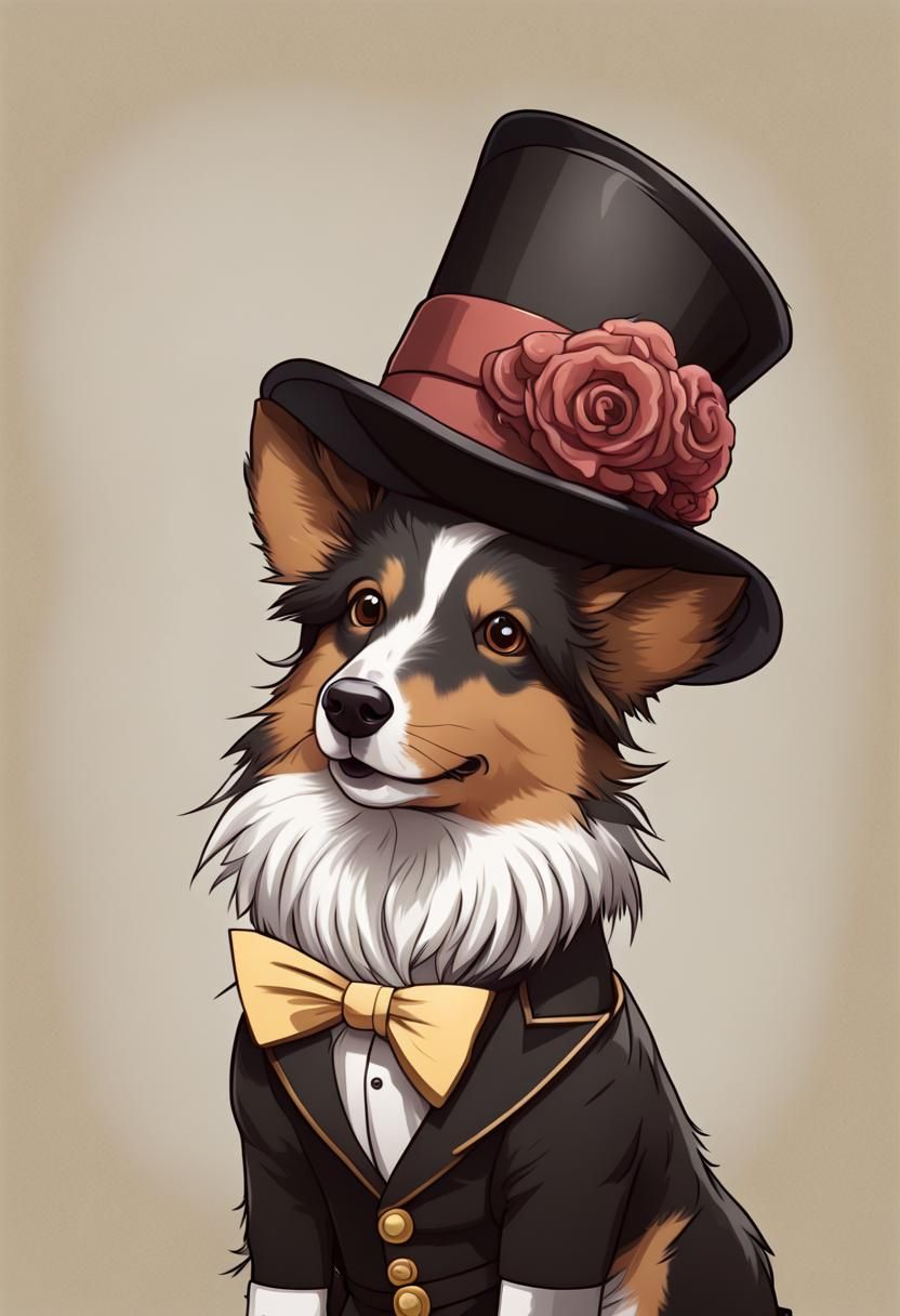 Anime Victorian Shetland Shepherd Dog in Top Hat
