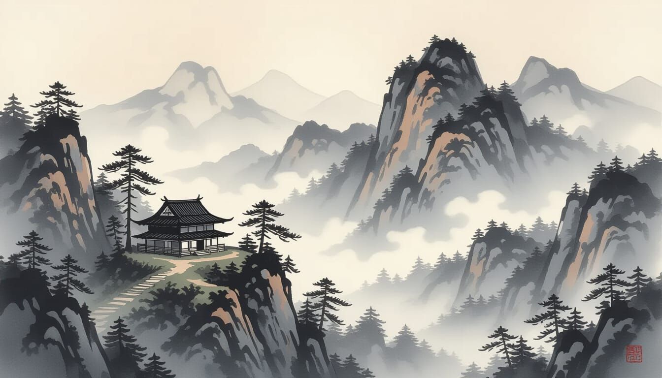 Japanese Ink Wash Painting Of Mountain Chalet