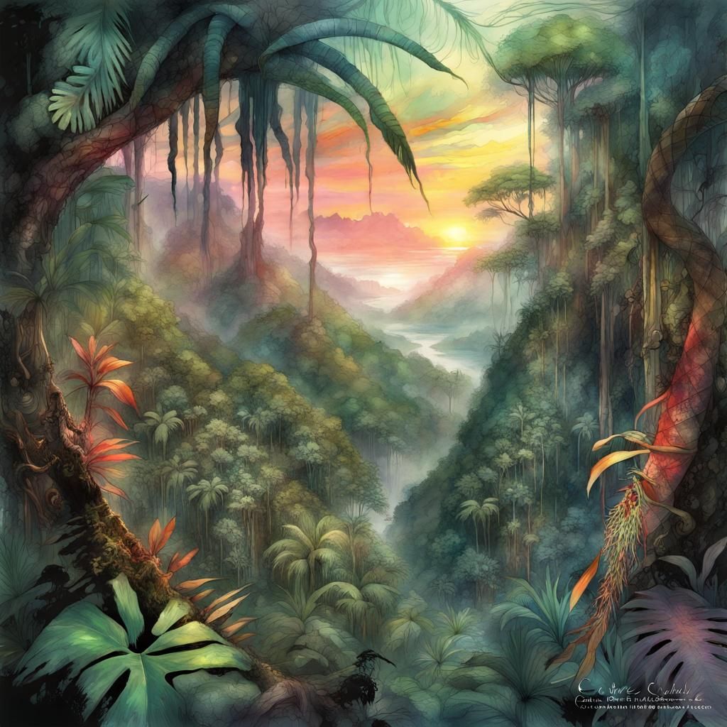 Lush Tropical Rainforest in Digital Pastel Illustration
