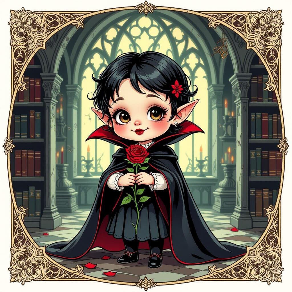 Endearing Vampire with Rose in Castle Library