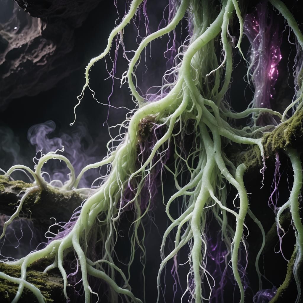 Gothic Bioluminescent Bacteria Exhaling Mist in Dark Cave