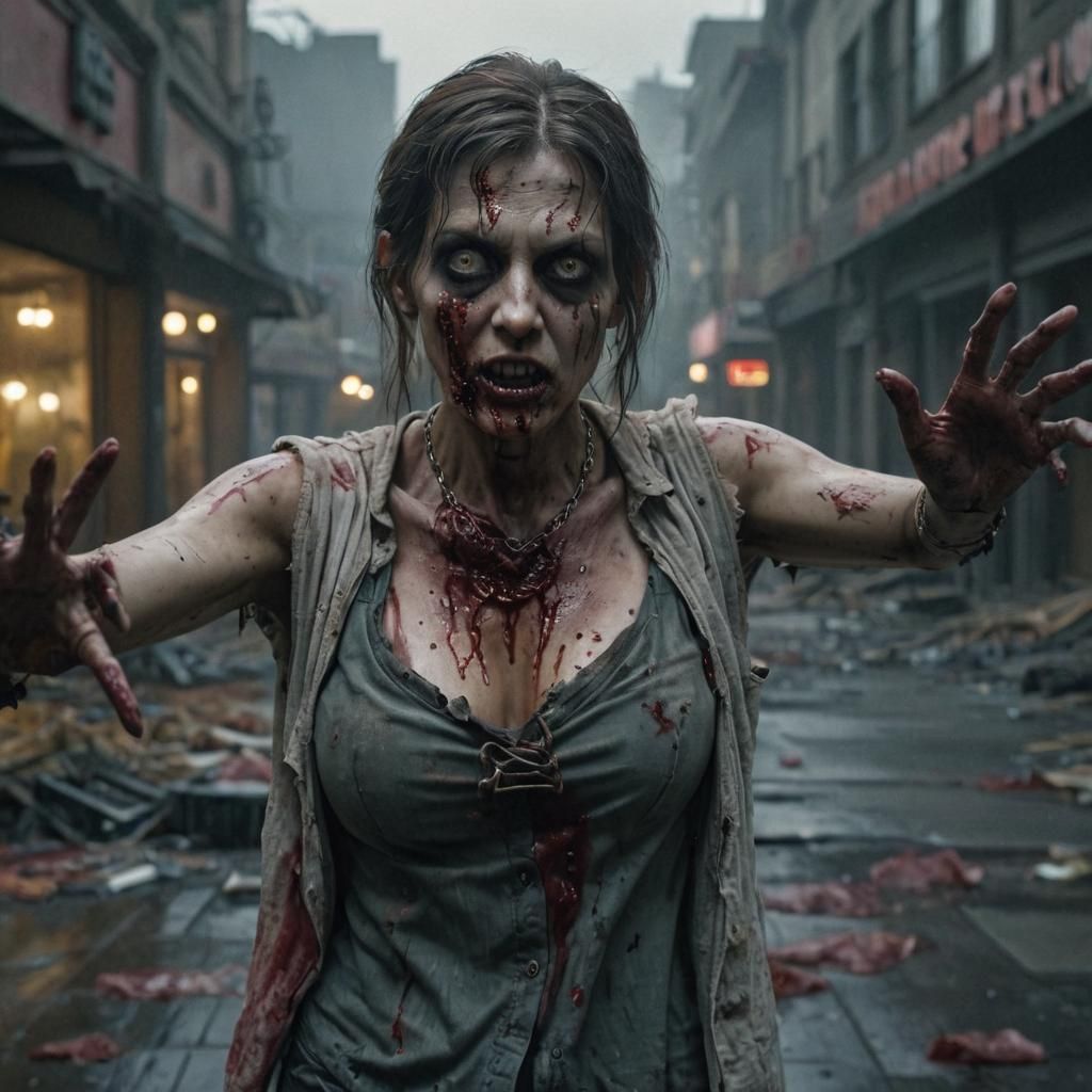 A cinematic medium shot of a huge chested female zombie with a bloody, rotting face, wearing a tattered shirt and a neck...