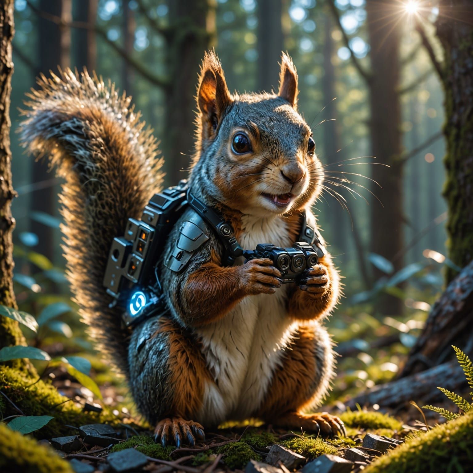Hyperrealistic Squirrel Sabotaging Drone in Cyberpunk Forest