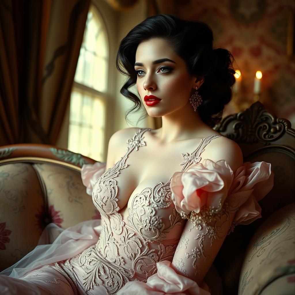 Avant-Garde Gown in Opulent Boudoir, Impressionistic Style