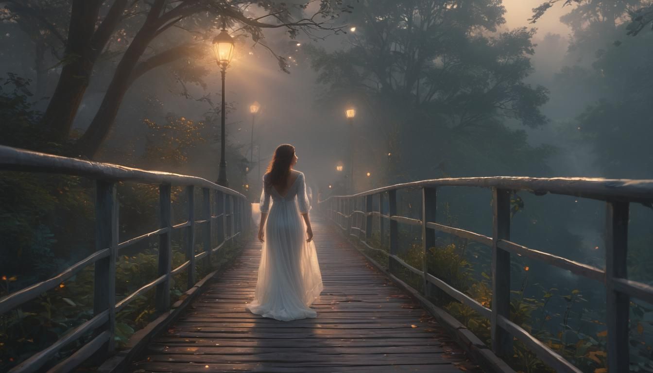 Ethereal Woman Walks on Foggy Bridge: Kinkade Style