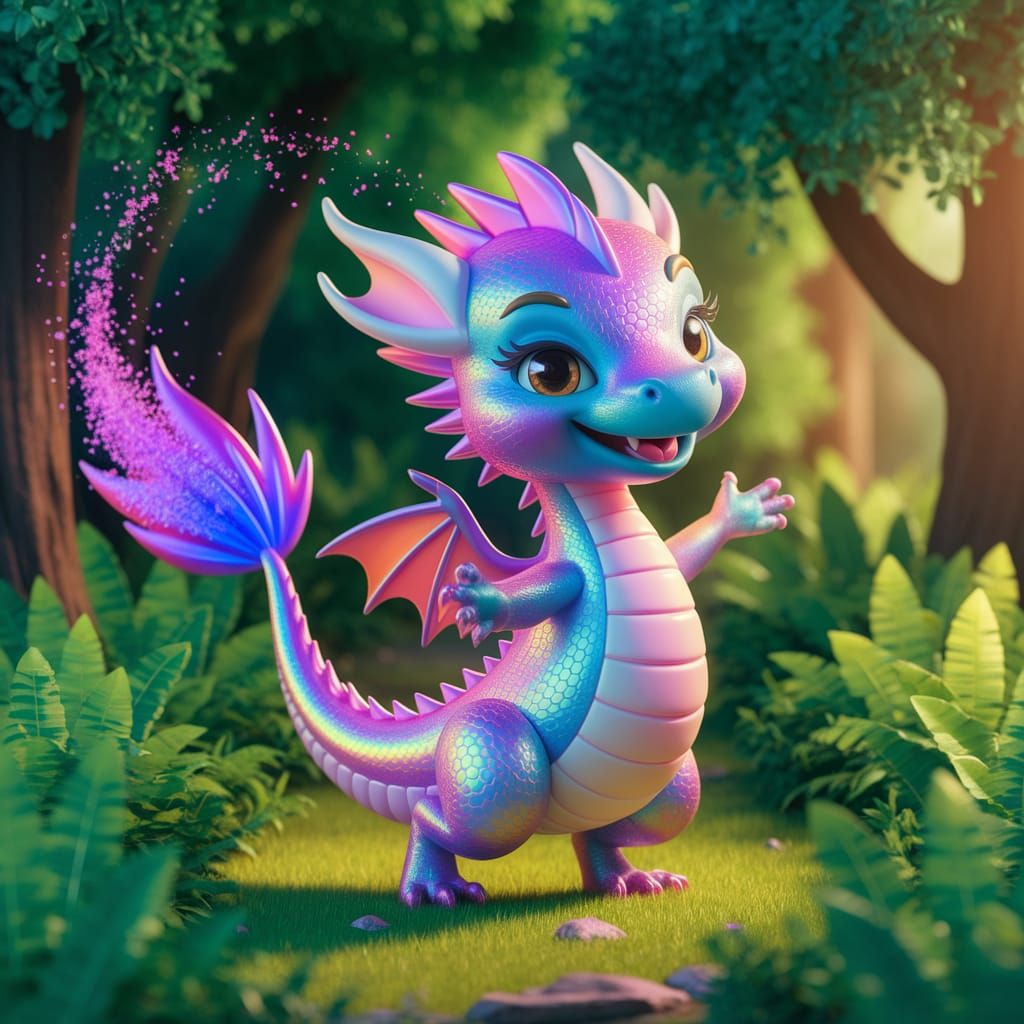 Vibrant Forest Dragon Dances with Iridescent Scales in Cyber...