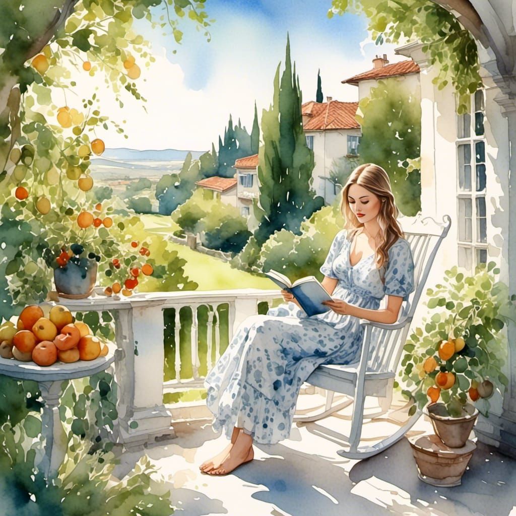 Woman Reading on Terrace in Watercolor Style