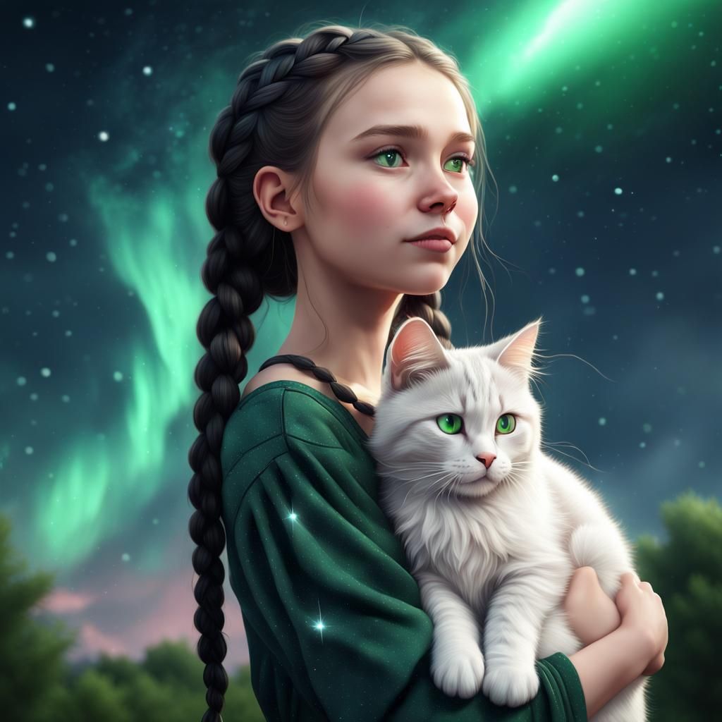 Girl Hugging Cat Under Starry Sky