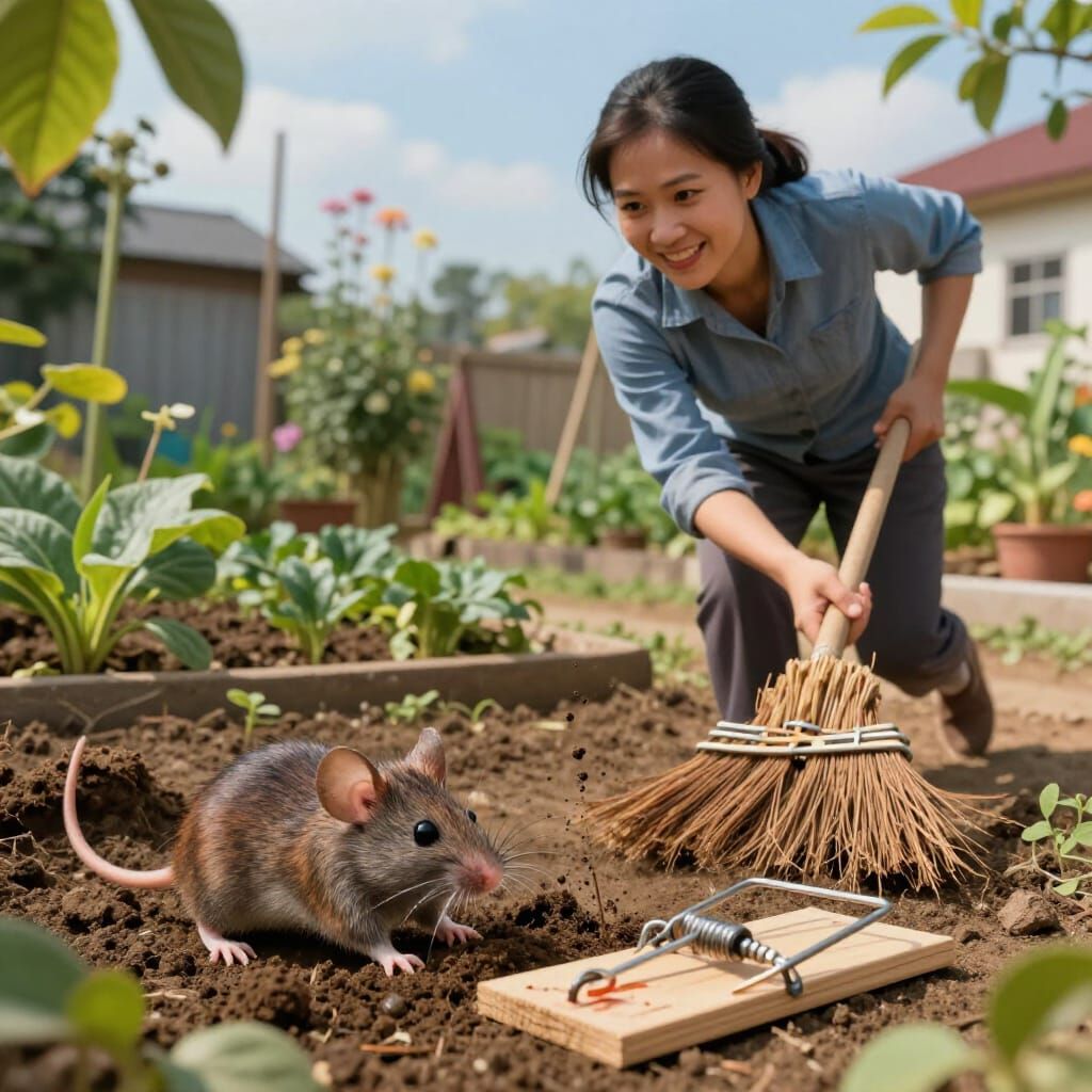 Vietnamese Woman Chases Mouse With Broom in Garden