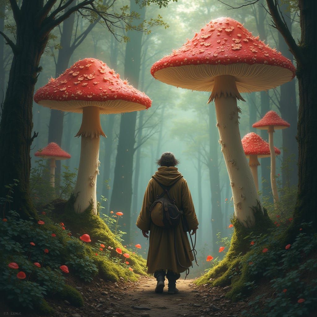 Weary Traveler Amidst Glowing Mushrooms in the Fly Agaric Fo...