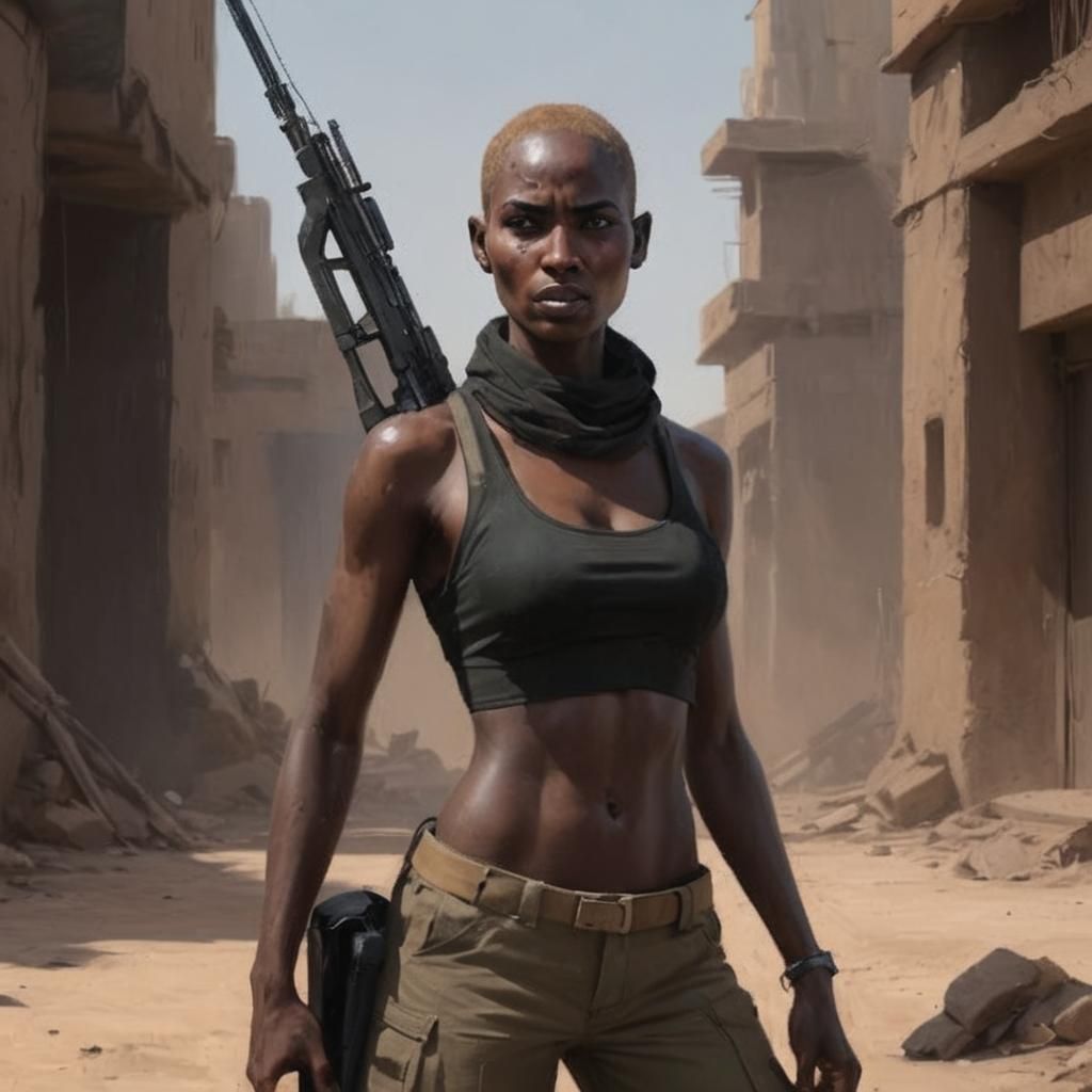 Sudanese Warrioress in Khakis, Ominous Expression, Oil Paint...